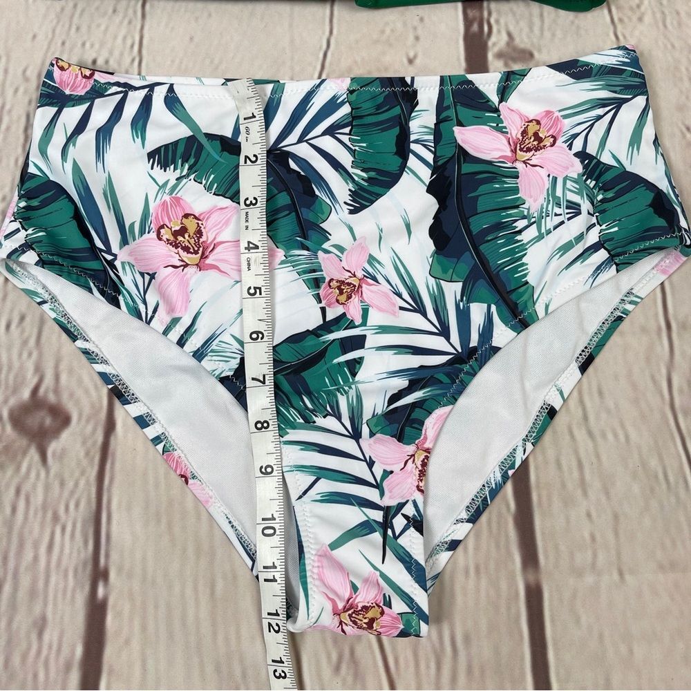 TEMPTME green floral lace up high waisted 2-piece swimsuit bikini NEW, size M - Picture 12 of 15